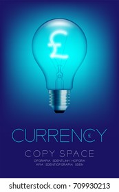 Alphabet Incandescent light bulb switch on set Currency GBP (Pound Sterling) symbol concept, illustration isolated glow in blue gradient background