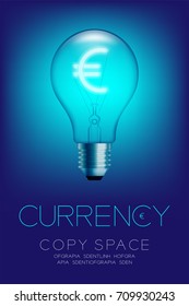 Alphabet Incandescent light bulb switch on set Currency EUR (European Euro) symbol concept, illustration isolated glow in blue gradient background