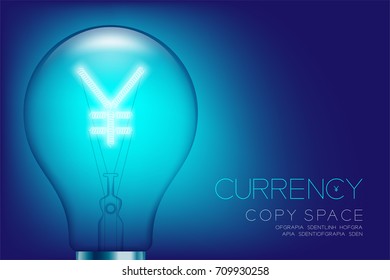 Alphabet Incandescent light bulb switch on set Currency JPY (Japanese Yen) symbol concept, illustration isolated glow in blue gradient background