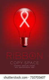 Alphabet Incandescent light bulb switch on set Ribbon charity campaign concept, illustration isolated glow in red gradient background