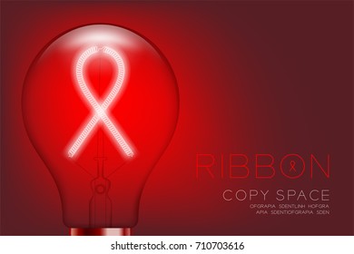 Alphabet Incandescent light bulb switch on set Ribbon charity campaign concept, illustration isolated glow in red gradient background