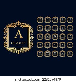 Alphabet Initial Logo with Luxury Decorative Golden Frame. Elegant Curl Floral Ornament.