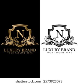 Alphabet Initial N Logo with Luxury Decorative Golden Frame. Elegant Curl Floral Ornament.