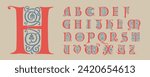 Alphabet initials with trailing vines of thistle plant. Medieval blackletter drop caps based on Bohemian manuscript. Romanesque style dim colors illuminated emblems. Decorative wax seal monogram logo.