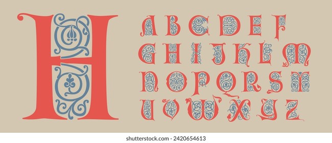 Alphabet initials with trailing vines of thistle plant. Medieval blackletter drop caps based on Bohemian manuscript. Romanesque style dim colors illuminated emblems. Decorative wax seal monogram logo.
