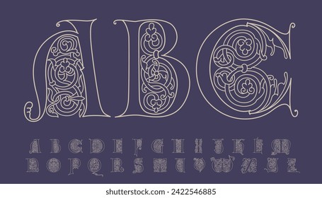 Alphabet initials with trailing vines of thistle plant. Medieval blackletter drop caps based on Bohemian manuscript. Romanesque style dim colors illuminated emblems. Decorative wax seal monogram logo.