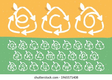 Alphabet inside reuse sign in grunge linear style. Flat design of recycling symbol and leaves for your upcoming eco-friendly and zero waste projects. 