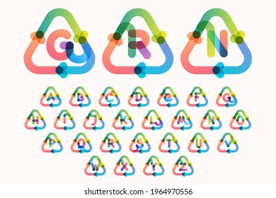 Alphabet inside triangular shaped recycling symbol with arrows. Colorful gradient overlay emblem for your eco-friendly Illustrations, and plastic free living and zero waste projects. 