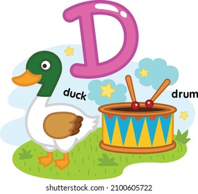 Alphabet Isolated Letter D-duck-drum illustration,vector