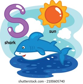 Alphabet Isolated Letter S-shark-sun illustration,vector