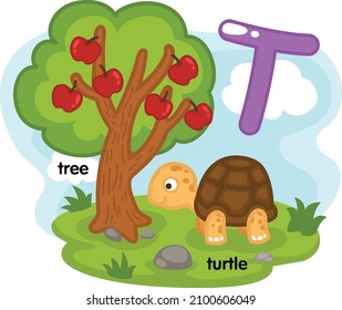 Alphabet Isolated Letter T-tree-turtle illustration,vector
