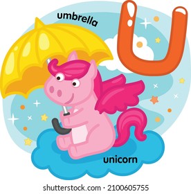 Alphabet Isolated Letter U-unicorn-umbrella illustration,vector