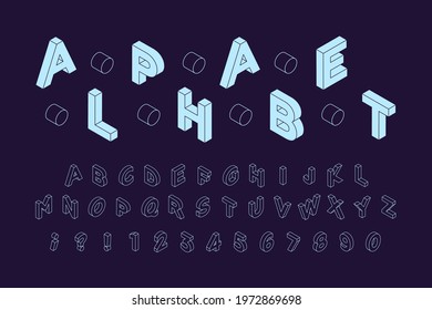 Alphabet. Isometric Latin Capital Letters, Numbers and Signs Font 3d Bold on Dark Background. Modern Vector Illustration. Social Media Template.