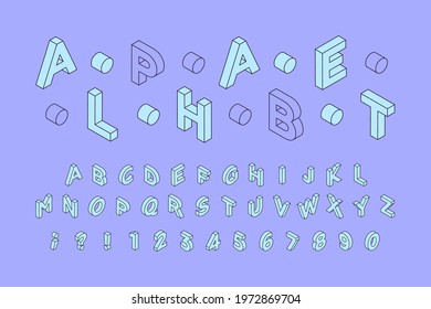 Alphabet. Isometric Latin Capital Letters, Numbers and Signs Font 3d Bold on Purple Background. Modern Vector Illustration. Social Media Template.