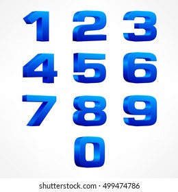 Alphabet isometric numbers. Set of vector from 1 to 0 in blue color on white. Illustration