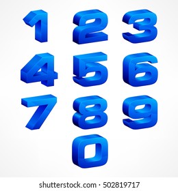 Alphabet isometric numbers. Set of vector from 1 to 0 in blue color on white. Illustration