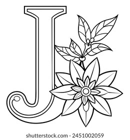 Alphabet J coloring page with the flower, J letter digital outline floral coloring page, ABC coloring page