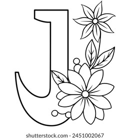Alphabet J coloring page with the flower, J letter digital outline floral coloring page, ABC coloring page