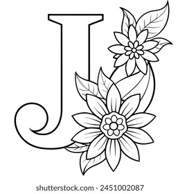 Alphabet J coloring page with the flower, J letter digital outline floral coloring page, ABC coloring page