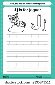 Alphabet j exercise with cartoon vocabulary for coloring book illustration, vector