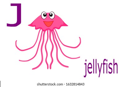 Alphabet ''J'' with jellyfish cartoon for children or kids for learning basic english letters and about animals underwater on white background.