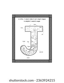 Alphabet J Letter Coloring Page with Cartoon Vocabulary Learning Worksheet for Preschool, Kindergarten, and Kids Ages 3-5. J Letter Illustration. Alphabet Coloring Page is perfect gift for children.