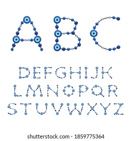 Alphabet from jewelry with the eye of fatima, beads, amulet. Set of isolated vector objects on a white background.