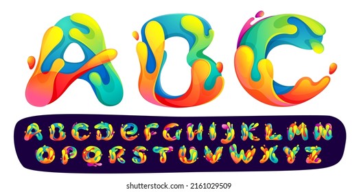 Alphabet with juice splash, waves, and drops. Multicolor icons with glow and gradients. Perfect for positive art, children design, vibrant advertising, juice packaging, colorful identity.