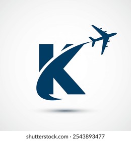 Alphabet K with aero plane. Travel icon. Aviation logo sign, Flying symbol. Flight icon