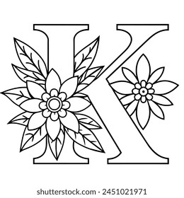 Alphabet K coloring page with the flower, K letter digital outline floral coloring page, ABC coloring page