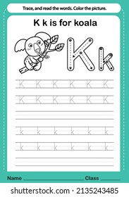 Alphabet k exercise with cartoon vocabulary for coloring book illustration, vector