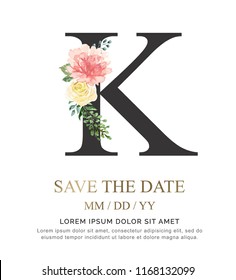 Alphabet K flower font made of paint floral and leaf watercolor on paper. Vector Hand Drawn letter K paint luxury design. Sweet collection for wedding invites decoration card and other concept ideas.