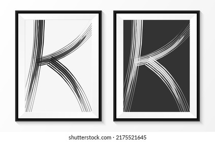 Alphabet "K" hand drawn, Abstract brush black and white picture on paper with black wooden frame. vector illustration.