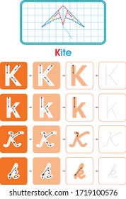 Alphabet K learning letter set practice with kite for kids worksheet write isolated background. Vector illustration