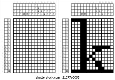 Alphabet k Lowercase Nonogram Pixel Art, Character k, Language Letter Graphemes Symbol Vector Art Illustration, Logic Puzzle Game Griddlers, Pic-A-Pix, Picture Paint By Numbers, Picross