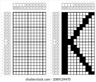 Alphabet K Nonogram Pixel Art, Character K, Language Letter Graphemes Symbol Vector Art Illustration, Logic Puzzle Game Griddlers, Pic-A-Pix, Picture Paint By Numbers, Picross