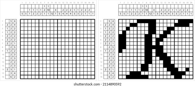 Alphabet K Nonogram Pixel Art, Character K, Language Letter Graphemes Symbol Vector Art Illustration, Logic Puzzle Game Griddlers, Pic-A-Pix, Picture Paint By Numbers, Picross