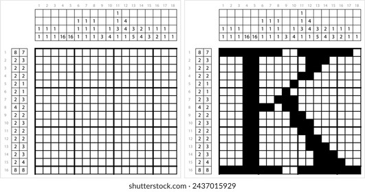 Alphabet K Nonogram Pixel Art, Character K, Language Letter Graphemes Symbol Vector Art Illustration, Logic Puzzle Game Griddlers, Pic-A-Pix, Picture Paint By Numbers, Picross