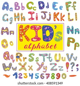 Alphabet in kid style. Vector abstract alphabet with letters. Hand drawn font and alphabet.