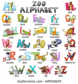 Alphabet for kids. ABC animals letters. Cartoon vector illustration for children's books, schoolbooks and education, isolated on white background.