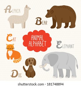 Alphabet for kids with animals. Letters A, B, C, D, E. Alpaca, Bear, Cat, Dog, Elephant