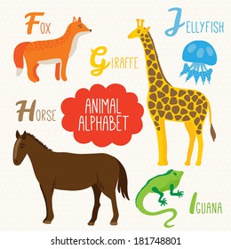 Alphabet for kids with animals. Letters F, G, H, I, J. Fox, Giraffe, Horse, Iguana, Jellyfish