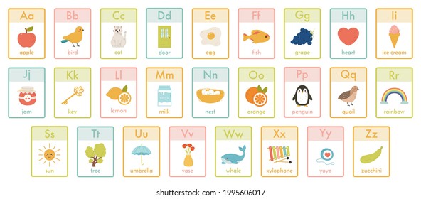 Alphabet kids cards. Kindergarten abc learning, children animals, fruits and toys vector illustration set