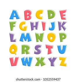 Alphabet for kids in the cartoon style. Children's font with pink, blue, yellow, green and purple letters. Vector illustration on white background.