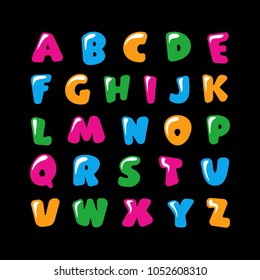 Alphabet for kids in the cartoon style. Children's font with pink, blue, yellow and green letters. Vector illustration on black background.