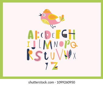 Alphabet for kids with cute bird character.