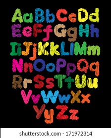 Alphabet kids doodle colored hand drawing in black background