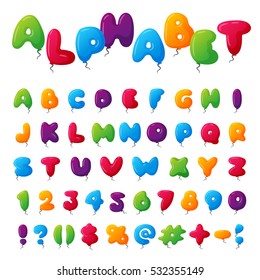 Alphabet kids font vector set of multicolored items. Cartoon Alphabetical letters ABC for baby. Children bubble english lettering illustration on child holiday isolated on white background.