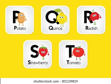 Alphabet for kids with fruits and vegetables. Letters P, Q, R, S, T. Cute vector cartoon characters: potato, quince, radish, strawberry, tomato. Learning English alphabet. Wall chart language learning