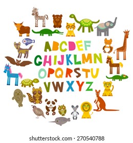 alphabet for kids from A to Z. Set of funny cartoon animals character. zoo on white background. Vector